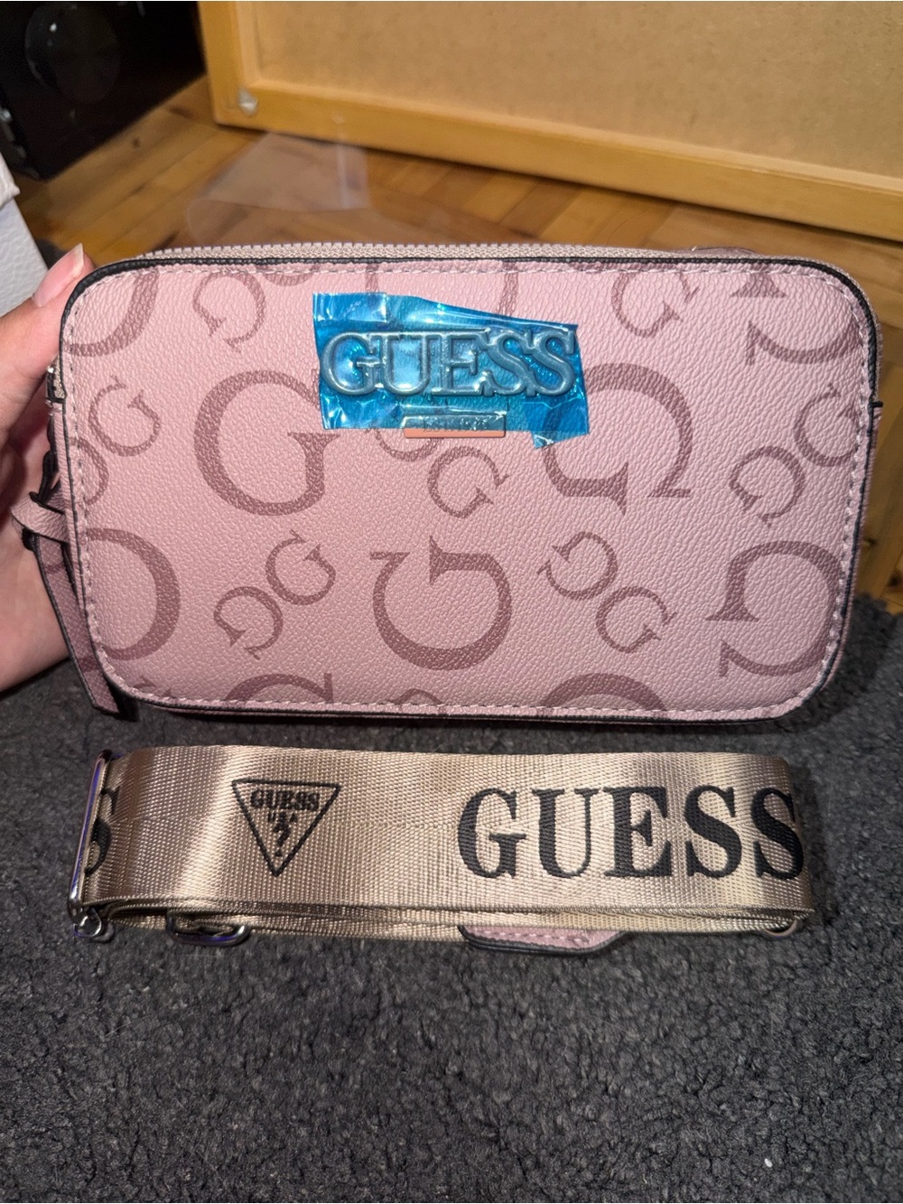 GUESS Pink Logo Pattern Crossbody with Branded Strap